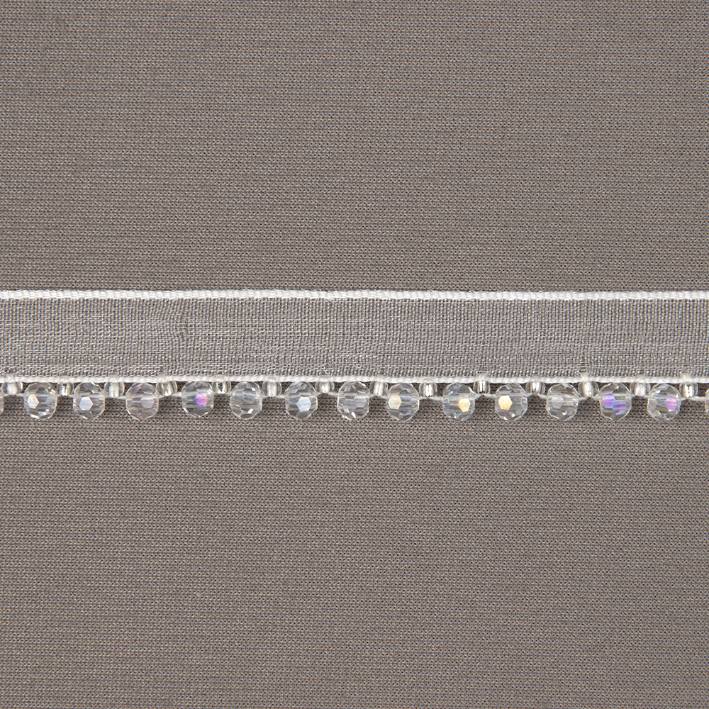 Кант на органзе с бусами 2508-01 белый/crystal (ширина общая 1,3 см/ декор 0,5 см) (уп. 9,144 м)